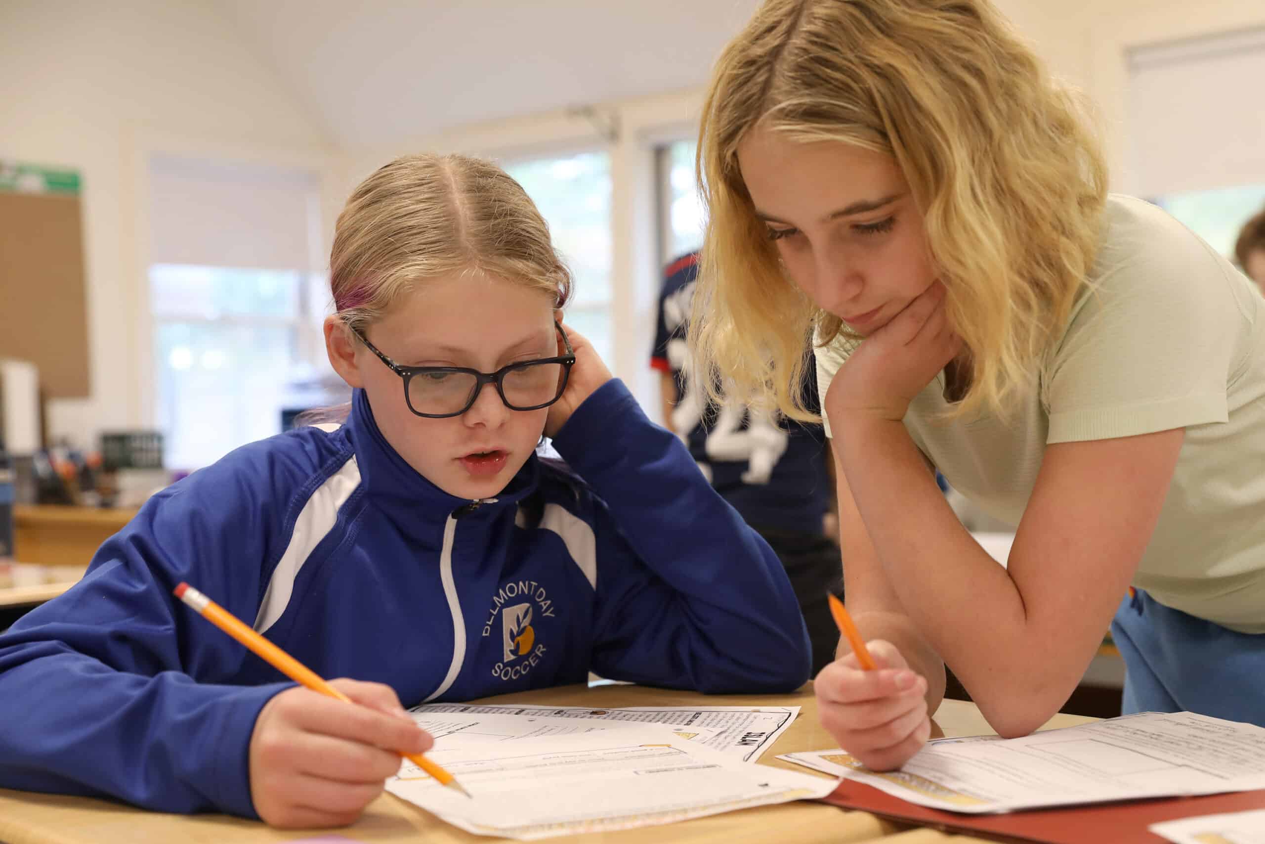 Two students work on an essay together