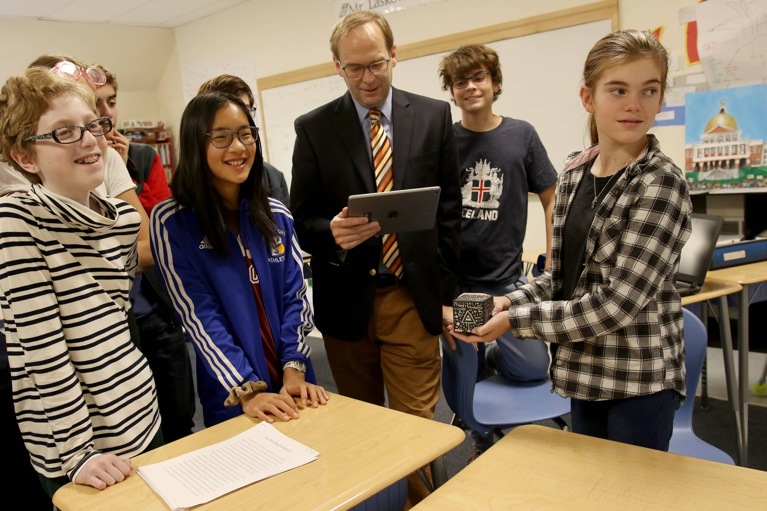 Head of school Brendan Largay with his seventh grade English class